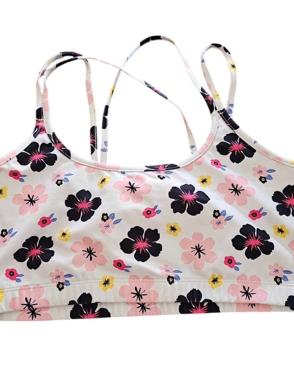 Passports Womens Sz XL Strappy Yoga Sports Bra White w/ Floral Print